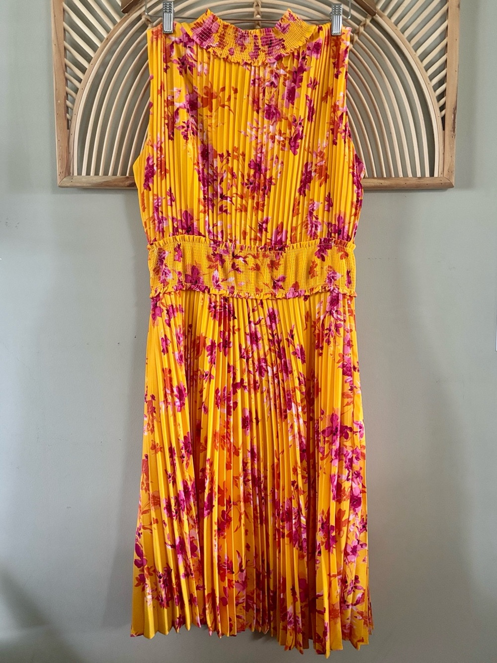 Nanette Lepore Yellow Midi Dress with Pink Floral Print